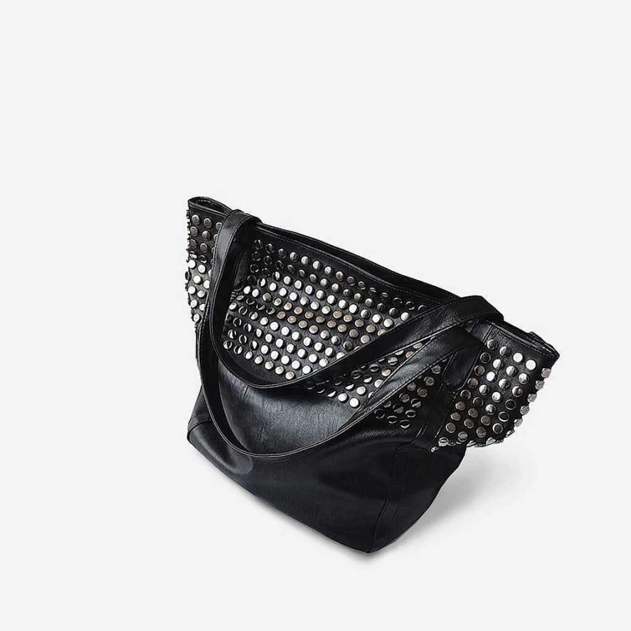 "Sac Bandoulière Women's Black Large Studded Leather Tote Bag"
