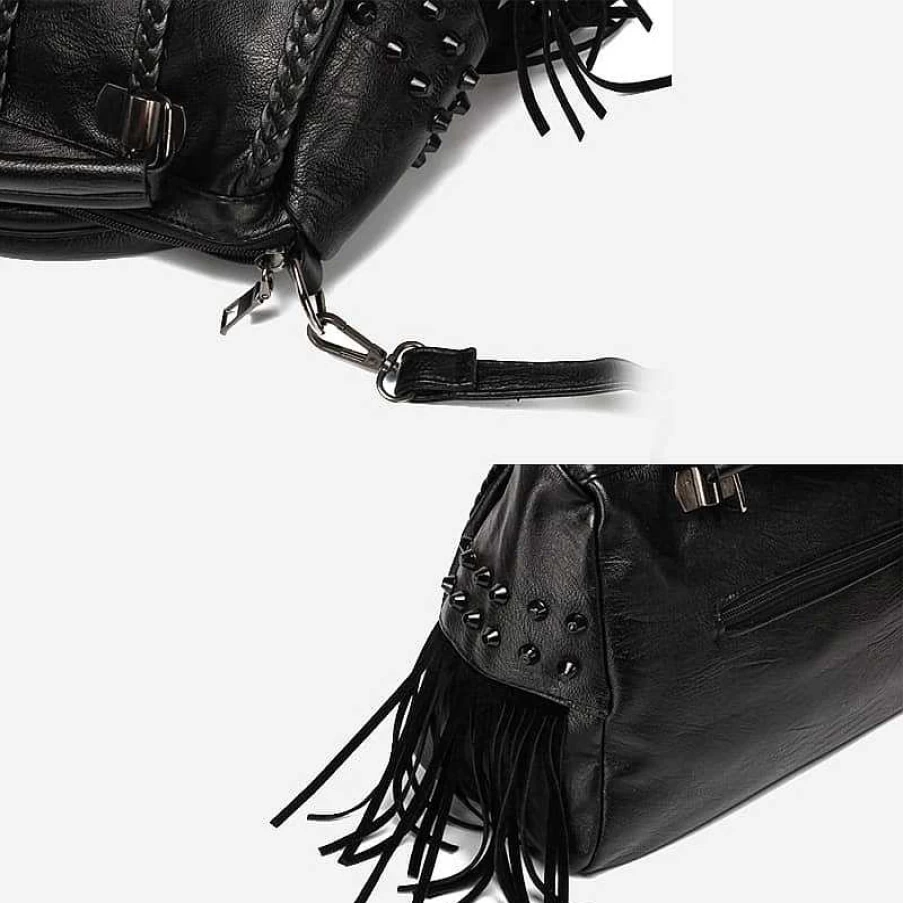 "Sac Bandoulière Women's Studded Leather Handbag with Fringes - Stylish Boho Chic Purse"