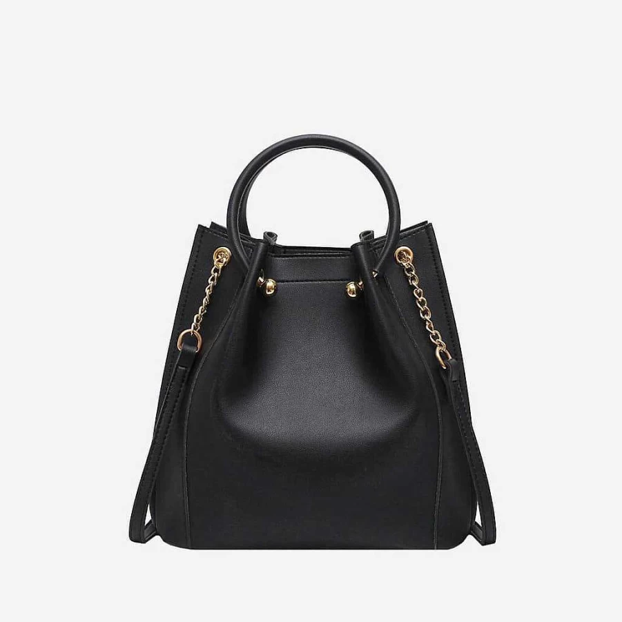 "Stylish Sac Bandoulière Pleated Bucket Handbag for Women with Gold Chain Detailing"