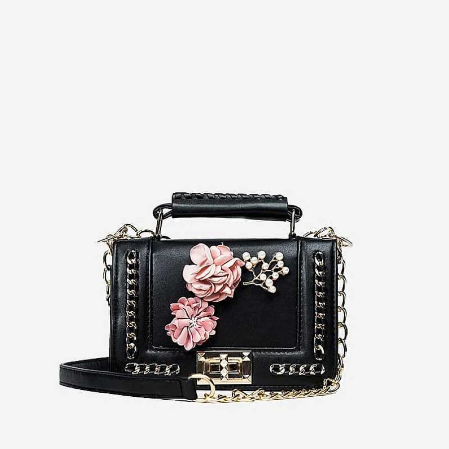 "Sac Bandoulière Women's Floral Handbag with Adjustable Shoulder Strap and Decorative Chains"