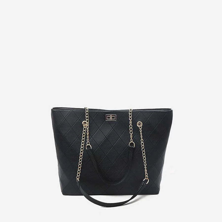 Sac Bandoulière Women's Noir Leather Chain Tote Bag - Small Grain & Quilted Styles