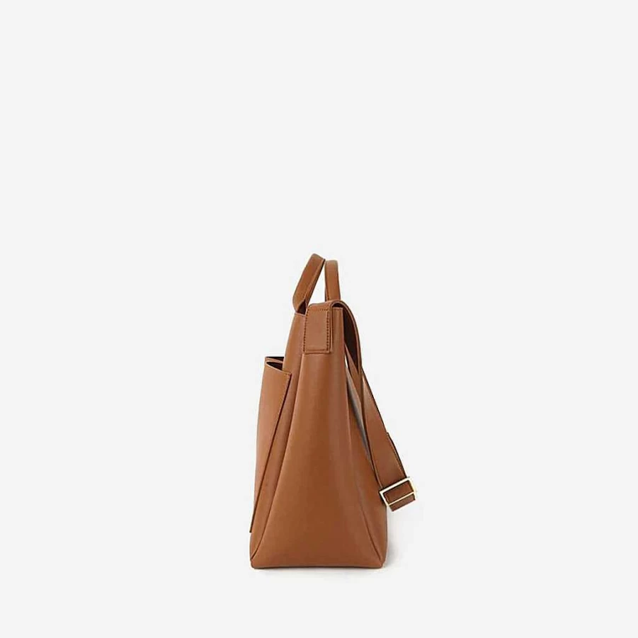 "Women's Leather Tote Bag With Double Front Pockets - Sac Bandoulière"