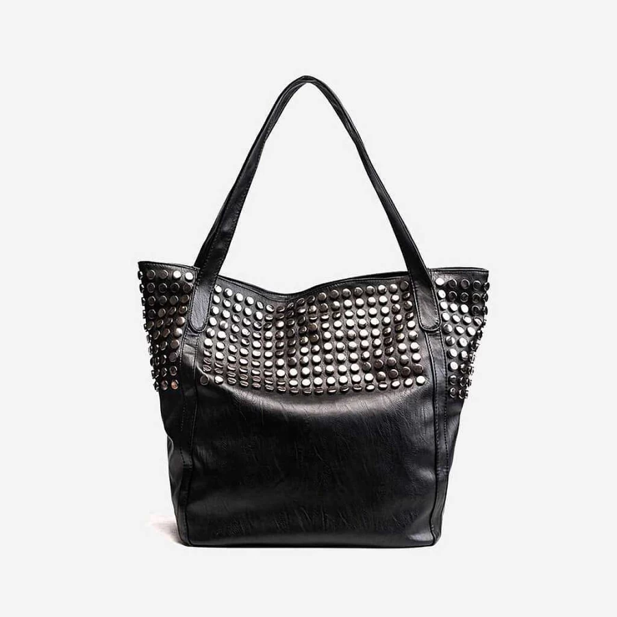 "Sac Bandoulière Women's Black Large Studded Leather Tote Bag"