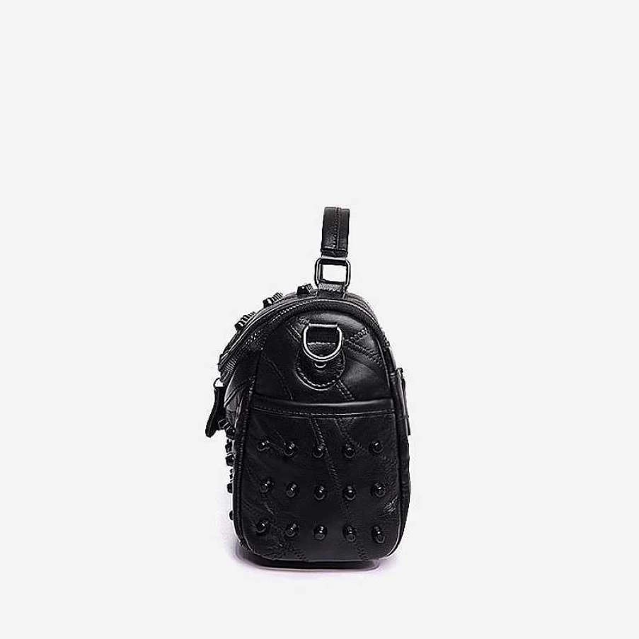 "Sac Bandoulière Women's Black Studded Leather Handbag With Shoulder Strap"