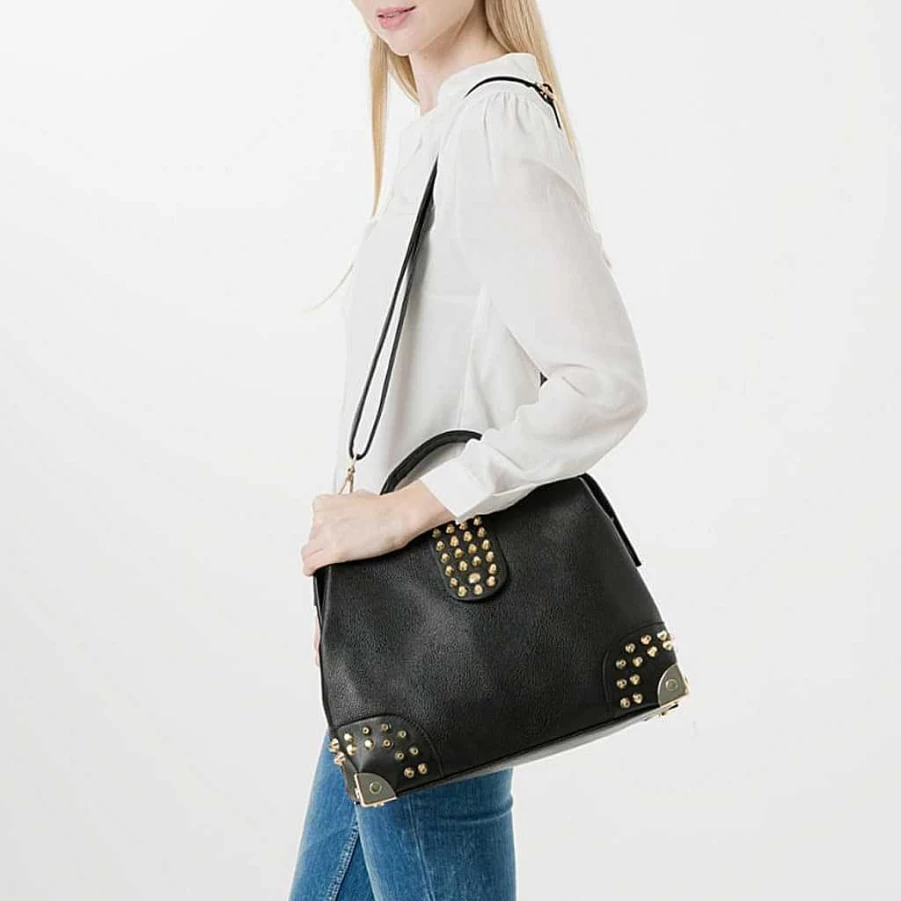 "Sac Bandoulière Women's Black Studded Leather Handbag with Gilding"