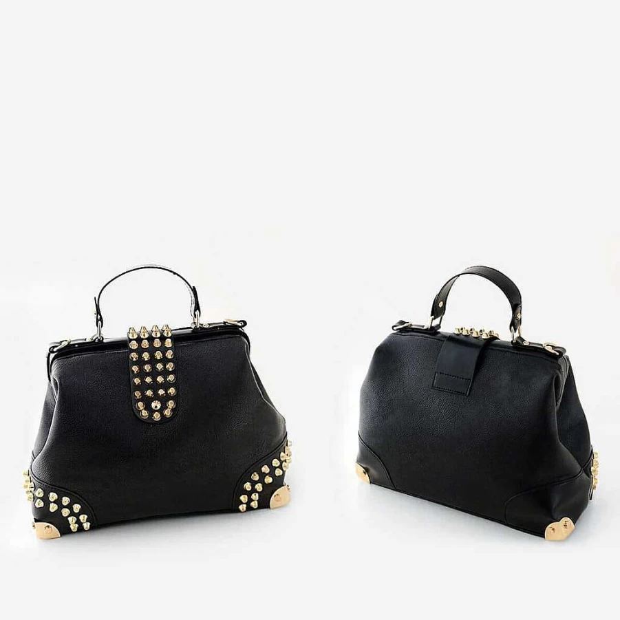 "Sac Bandoulière Women's Black Studded Leather Handbag with Gilding"