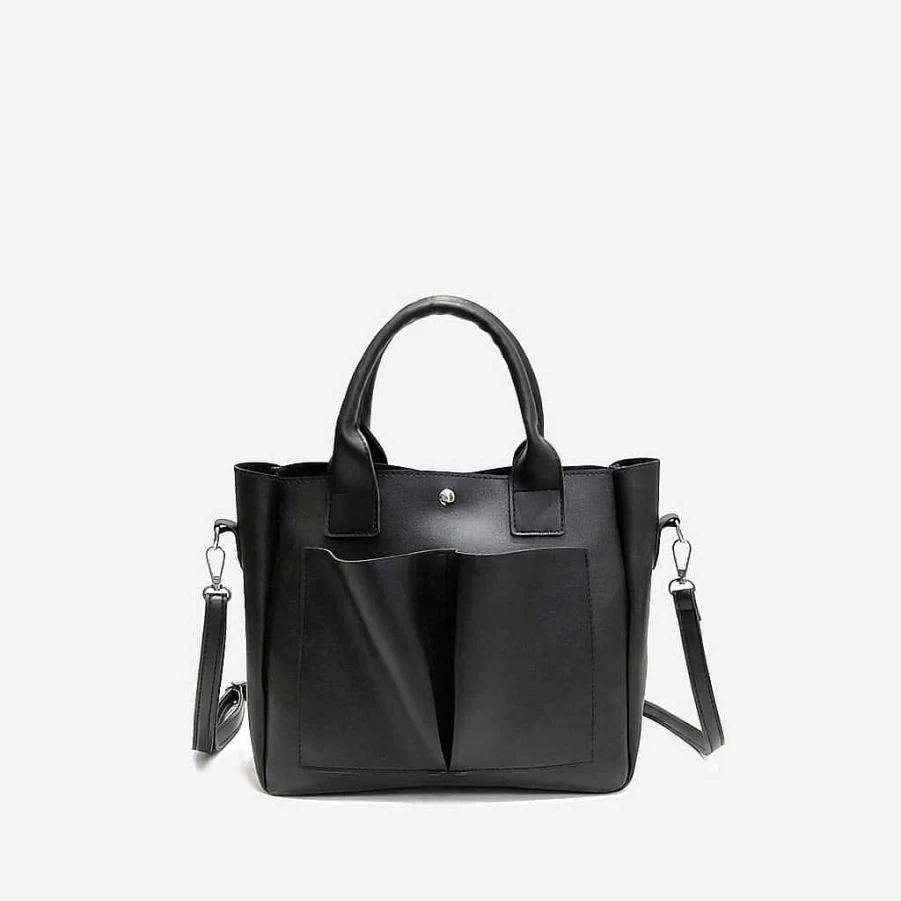 "Women's Leather Tote Bag With Double Front Pockets - Sac Bandoulière"