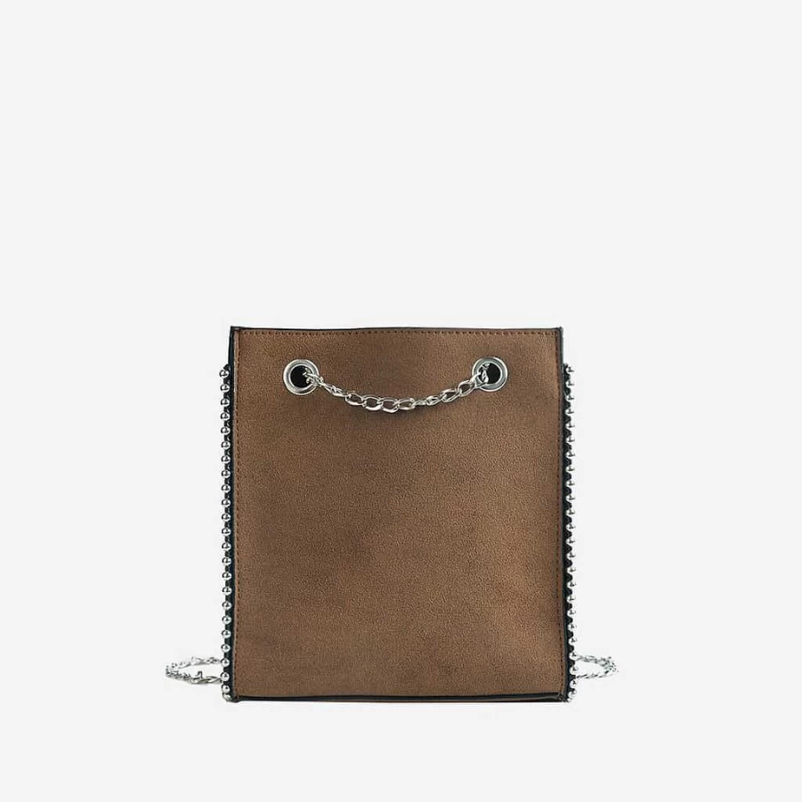 "Sac Bandoulière Women's Nubuck Leather Handbag with Chain Strap and Beaded Details"