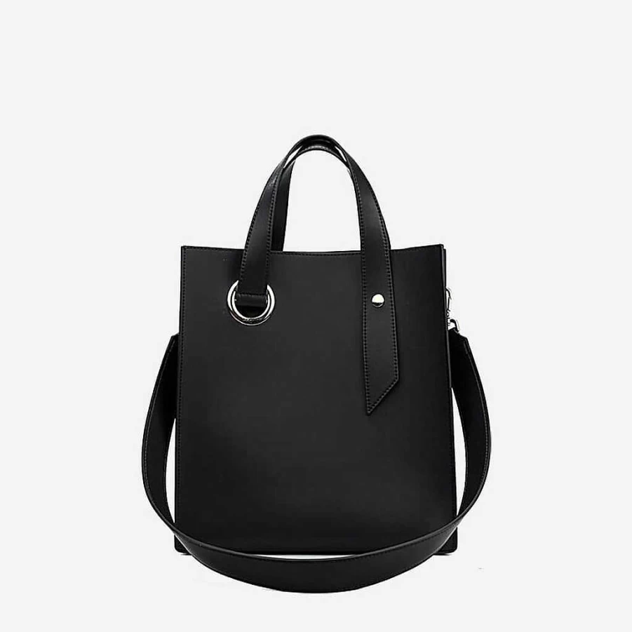 "Sac Bandoulière Women's Black Leather Tote Bag With Asymmetrical Handle"