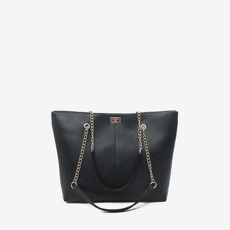Sac Bandoulière Women's Noir Leather Chain Tote Bag - Small Grain & Quilted Styles
